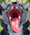 anthro bodily_fluids canid canine canis detailed fangs fur gaping_mouth grey_body grey_fur high-angle_view imminent_vore looking_at_viewer male mammal mouth_shot open_mouth oral_invitation presenting_mouth saliva saliva_string solo teeth tongue tongue_out white_body white_fur wolf