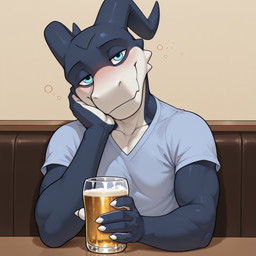 alcohol anthro beer beverage blue_body blue_eyes blush clothing container cup glass glass_container glass_cup looking_at_viewer male multicolored_body shirt smile solo topwear two_tone_body white_body furkamidood_(director) digimon roommates_(spelunker_sal) giancarlo_rosato digimon_(species) flamedramon hi_res