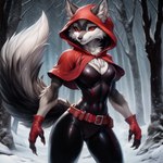 anthro belt bodysuit breasts canid canine canis clothed clothing female forest fur grey_body grey_fur hood little_red_riding_hood mammal medium_breasts multicolored_body multicolored_fur neutron_alchemist plant red_eyes skinsuit smile snow solo standing tight_clothing tree two_tone_body two_tone_fur two_tone_tail white_body white_fur winter wolf zipper