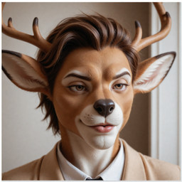 antlers brown_body brown_fur clothed clothing fur hair horn inside male multicolored_body multicolored_fur smug_face solo suit two_tone_body two_tone_fur nnam_si3 cervid mammal headshot_portrait hi_res portrait