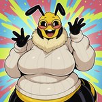 antennae_(anatomy) anthro blush breasts clothed clothing eyewear female gesture glasses happy looking_at_viewer neck_tuft solo sweater teeth tongue topwear tuft waving luuklook arthropod bee hymenopteran insect absurd_res hi_res