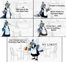 anthro cafe clothing humor maid_apron maid_headdress maid_uniform male solo uniform flanwithaplan_(director) breath_of_the_wild nintendo the_legend_of_zelda revali avian rito absurd_res comic hi_res