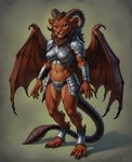 5_fingers anthro armor digitigrade female fingers horn simple_background solo wings kyxsoon felid mammal manticore attempted_signature hi_res portrait