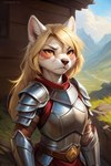 anthro armor blonde_hair female golden_eyes hair knight long_hair serious_face solo warrior mindry olissa canid canine canis mammal wolf