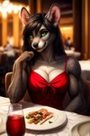 alcohol annette anthro beverage biceps black_hair bottomwear breasts clothing container cup dinner drinking_glass female food fur glass glass_container glass_cup green_eyes grey_body grey_fur hair hellapoc mammal mouse murid murine night no_sleeves_blouse red_clothing restaurant rodent skirt solo wine wine_glass young_adult