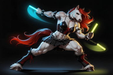 5_fingers abs action_pose anklet anthro armband biceps biped black_background black_bottomwear black_clothing black_hooves black_underwear bottomwear bracelet braided_hair breasts cleavage clothed clothing collar deltoids eyebrows eyelashes female fingers footwear fur glistening glowstick green_eyes hair holding_object hooves jewelry legband legwear long_hair looking_at_viewer midriff miniskirt muscular muscular_anthro muscular_female muscular_thighs navel necklace panties pleated_skirt pose punk red_hair red_tail simple_background skirt solo spiked_anklet spiked_armband spiked_bracelet spiked_collar spiked_legband spikes standing tail thong topwear underwear white_body white_fur wristband unknown_director equid equine horse mammal absurd_res full-length_portrait hi_res portrait