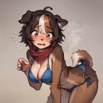 amber_eyes anthro bangs bent_over bikini blush bodily_fluids breasts breath brown_body brown_fur brown_hair cleavage clothed clothing curled_tail dark_brown_fur embarrassed female floppy_ears flustered fur hair hand_on_leg highlights_(coloring) hips leaning leaning_forward multicolored_body o-ring panting red_scarf scarf solo sweat swimwear tan_body tan_fur thick_thighs wavy_mouth white_hair wide_hips exlight canid canine canis domestic_dog mammal