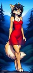 anthro breasts butt clothing dress female fur hair looking_at_viewer smile solo vargrklaw evelyn_(vargrklaw) canid canine canis mammal wolf absurd_res hi_res