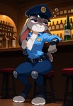 alcohol anthro beverage blush breasts clothed clothing disney drunk female flashing flashing_breasts fur nipples one_breast_out police_uniform presenting smile solo substance_intoxication uniform girka zootopia judy_hopps lagomorph leporid mammal rabbit hi_res
