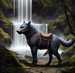 blue_body erection feral fur genitals harness leather male muzzle_(object) muzzled path penis plant rock saddle solo waterfall obsidian canid canine canis mammal wolf