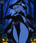 anthro black_sclera breasts clothing detailed_background dress female fur hair hat headgear headwear jack-o'-lantern looking_at_viewer membrane_(anatomy) membranous_wings pupils slit_pupils smile solo white_body white_hair wings witch_clothes witch_hat yellow_eyes official_floof_inspector chiropteran mammal hi_res