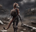 anthro backpack clothed clothing cloud detailed_background female fur holding_object looking_away outside plant post-apocalyptic realistic rear_view red_body red_fur ruins solo stable_diffusion storm_clouds tail_tuft tuft walking weapon wire gopossum dragon furred_dragon