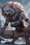 anthro black_nose breasts claws clothing cloud crouching digitigrade female fluffy fluffy_tail fur genitals glowing glowing_eyes hair looking_at_viewer mane medium_breasts mountain_range mountains open_mouth orange_eyes plant pussy sharp_teeth snow solo solo_focus teeth tongue torn_clothing tree white_body white_fur white_hair fenix_ai canid canine mammal were werecanid werecanine werewolf hi_res