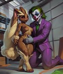 anthro black_sclera breasts clothing clown clown_makeup duo female fur green_eyes joker_caught_a_pokemon kneeling male male/female medium_breasts nude questionable_consent shocked smile smirk standing tan_body tan_fur warehouse cartuniverse nintendo pokemon the_joker generation_4_pokemon human lopunny mammal pokemon_(species) meme