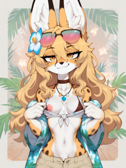 accessory anthro big_ears blonde_hair bra breasts cheek_tuft chest_tuft choker clothed clothing crotch_tuft eyewear eyewear_on_head facial_tuft female floor floral_background flower flower_in_hair front_view fur gem hair hair_accessory half-closed_eyes inner_ear_fluff jewelry looking_at_viewer narrowed_eyes necklace nipple_slip nipples orange_body orange_eyes orange_fur plant presenting presenting_breasts pupils slit_pupils small_breasts smile smirk solo sunglasses sunglasses_on_head tile tile_floor tuft unbuttoned_pants underwear white_body white_fur koyo felid feline mammal serval 2025 half-length_portrait hi_res portrait