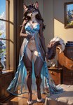 anthro bottomless bracelets clothed clothing female genitals jewelry looking_at_viewer necklace nightgown pussy smile solo standing denis0k canid canine canis mammal wolf hi_res