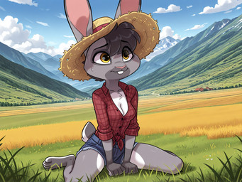 4_toes barefoot black_hair bodily_fluids bottomwear breasts buckteeth cleavage clothed clothing cloud cutoffs day denim denim_bottomwear denim_clothing detailed_background farm_girl feet female field fingers fur grass grassland grey_body grey_fur hair hands_between_legs hat headgear headwear hotpants kneeling markings mountain mountain_range mountains outside pattern_clothing pattern_shirt pattern_topwear pink_nose plaid plaid_clothing plaid_shirt plaid_topwear plant shirt shorts shy sitting sitting_on_ground sky soles solo straw_hat sun_hat sweat tail teeth tied_shirt toes topwear town tuft valley wheat_field white_body white_fur yellow_eyes unknown_director disney zootopia catherine_hopps_(siroc) lagomorph leporid mammal rabbit hi_res
