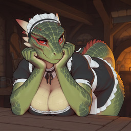 anthro belly_scales bethesda_softworks black_clothing breasts cleavage clothed clothing dress female green_body green_scales horn inside looking_at_viewer maid_headdress maid_uniform non-mammal_breasts pupils red_eyes scales slit_pupils solo uniform white_clothing zaddha the_elder_scrolls argonian scalie hi_res