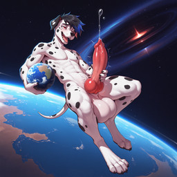 animal_genitalia animal_penis anthro black_hair black_spots blue_highlights bodily_fluids canine_genitalia canine_penis cosmic_background digitigrade floating fur genital_fluids genitals hair hand_on_own_penis hand_on_penis highlights_(coloring) leaking_precum macro male masturbation open_mouth penis planet_dwarfing planet_in_hand precum red_eyes solo space spots spotted_body spotted_fur terra_macro white_body white_fur gertgrg dante_(gertgrg) canid canine canis dalmatian domestic_dog mammal hi_res