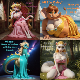 alternate_species anthro big_breasts big_butt blonde_hair blue_body blue_clothing blue_eyes breasts brown_body brown_hair butt chair cleavage clothed clothing crown dialogue dress female fur furniture furrification green_body green_eyes group hair headgear kneeling looking_at_viewer looking_back makeup mythology navel overweight overweight_anthro overweight_female pink_body pink_clothing pink_dress plant proboscis_(anatomy) scales sitting slightly_chubby solo spikes tail text thick_thighs throne trunk_(anatomy) white_body white_fur wide_hips yellow_clothing yellow_dress gridanon nintendo the_legend_of_zelda princess_daisy princess_peach princess_zelda rosalina_(mario) canid canine crocodilian domestic_cat dragon elephant elephantid felid feline felis mammal mink mustelid musteline mythological_creature mythological_scalie proboscidean reptile scalie true_musteline absurd_res english_text hi_res stable_diffusion