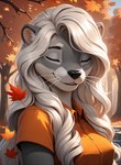 2024 anthro autumn autumn_leaves black_nose clothing countershade_face countershade_neck countershading day eyebrows eyelashes eyes_closed female fur grey_body grey_fur hair indigofurrymix_xl_(model) inner_ear_fluff long_hair maple_leaf maple_tree open_mouth open_smile orange_clothing orange_shirt orange_topwear outside plant polo_shirt shirt short_sleeves shy silver_hair sky smile solo topwear tree tuft whiskers white_hair oaf40 lutrine mammal mustelid absurd_res alternate_version_at_source colored hi_res portrait three-quarter_portrait