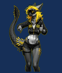 anthro beak blonde_hair blurred_background bodysuit bottomwear claws clothed clothing eyewear feathers female fluffy fully_clothed fur gesture goggles grey_body grey_fur hair hotpants jacket long_tail looking_at_viewer messy_hair neck_tuft one_eye_closed pointing pointing_down shorts simple_background skinsuit slim smile solo spots spotted_body spotted_fur tail_feathers text thumbs_up tight_clothing topwear transparent_background tuft wink yellow_sclera yellow_spots oldhroft mascot_2025 avian velari alpha_channel english_text hi_res portrait three-quarter_portrait