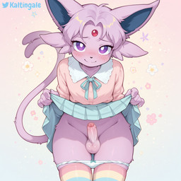 anthro blouse blush bottomwear bow_panties bow_ribbon claws clothed clothing clothing_lift femboy flower foreskin front_view fur genitals hair humanoid_genitalia humanoid_penis leaning leaning_forward legwear long_tail looking_at_viewer male panties panties_down partially_clothed pattern_clothing pattern_legwear penis pink_body pink_fur pink_hair plant pleated_skirt presenting purple_eyes short_hair simple_background skirt skirt_lift smile solo sparkles striped_clothing striped_legwear stripes tail thick_thighs thigh_highs topwear tuft underwear underwear_down wide_hips kaltingale_(director) nintendo pokemon eeveelution espeon generation_2_pokemon pokemon_(species) 1:1 director_name hi_res