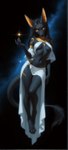 amber_eyes anthro black_body black_fur black_hair black_nose breasts clothing dark_background egyptian_clothing female fur gold_markings hair jewelry levitation looking_at_viewer markings navel sky small_breasts solo space star starry_sky tail_tuft tuft white_clothing zakath anubian_jackal canid canine canis deity jackal mammal hi_res