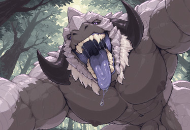 abs anthro areola balls beard big_muscles biped black_sclera bodily_fluids countershading facial_hair fangs forest front_view genitals grey_body grey_countershading horn looking_at_viewer low-angle_view male mouth_shot muscular muscular_anthro muscular_male mythology navel nipples open_mouth pecs penis pinned plant purple_eyes purple_mouth purple_tongue reverse_countershading saliva saliva_string scales solo teeth tongue tree vein veiny_penis white_body dfy6c capcom monster_hunter arkveld dragon flying_wyvern mythological_creature mythological_scalie scalie digital_media_(artwork) hi_res pixel_(artwork)