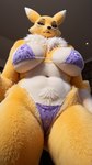 anthro big_breasts bikini breasts clothing detailed_fur female fluffy from_front_position fur fur_markings markings neck_tuft realistic realistic_fur solo solo_focus swimwear thick_thighs tuft view_from_below yellow_body yellow_fur loweffortcheems canid canine digimon_(species) fox mammal renamon detailed hi_res