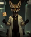 ambiguous_gender anthro black_sclera bottomwear canid canine canis clothed clothing coat coyote fully_clothed gloves handwear industrial intersex lab_coat levitation mammal pants scientific_experiment shy solo topwear