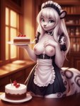 anthro breasts cake clothing dessert felid female food fur hair magacitl maid_uniform mammal medium_breasts nipples pantherine snow_leopard solo solo_focus spots spotted_body spotted_fur uniform white_body white_fur white_hair