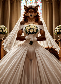 anthro bottomless bouquet bride clothed clothing dress female genitals holding_object looking_at_viewer pussy ring_(jewelry) solo standing translucent translucent_clothing wedding_dress denis0k canid canine canis domestic_dog mammal hi_res