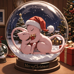 ambiguous_gender christmas_clothing christmas_headwear christmas_tree clothing duo embrace eyes_closed feral gift happy hat headgear headwear holding_gift holding_object inside plant santa_hat sitting snow_globe tree bommel nintendo pokemon legendary_pokemon mew pokemon_(species) hi_res