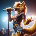 anthro black_nose blonde_hair bottomwear bracelets clothing dall-e_3 denim denim_clothing detailed_background female fur hair jeans long_hair microphone pants red_eyes shirt shorts solo t-shirt topwear yellow_body yellow_fur goldanthrowolf canid canine canis luphra'nite mammal wolf