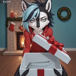 annoyed anthro black_body black_fur black_hair blue_eyes blue_hair bored clothing female fireplace first_person_view fur gift hair hoodie looking_at_viewer male male_pov punk_hair red_clothing red_hoodie red_topwear solo_focus topwear unimpressed white_body white_fur weytani99 skye_(weytani99) canid canine canis domestic_dog husky mammal nordic_sled_dog spitz