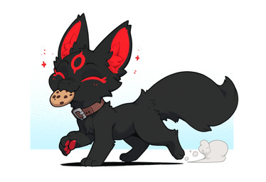 ambiguous_gender black_body black_fur collar cookie eating eyes_closed feral food fur happy markings object_in_mouth pawpads paws quadruped red_markings simple_background smile solo tail tuft wholesome_content anotheranon cookie_(anotheranon) furred_kobold furred_scalie kobold scalie hi_res