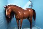 anatomically_correct black_mane brown_body brown_fur brown_tail eyes_closed female feral front_view fur genitals looking_pleasured mane shower solo teats tongue tongue_out water wet wet_body mare_fan_ultimate equid equine horse mammal