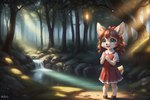 aiko anthro brown_hair cervid clothing cub dress female female_focus forest hair hairbow hi_res hooves light light_beam mammal nature nature_background plant river smile solo solo_focus standing teal_eyes tree venison venisoncreampie young