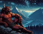 2_horns 5_fingers abs anthro atmospheric_perspective biceps big_abs big_biceps big_deltoids big_forearm_muscles big_muscles big_pecs big_quads big_trapezius big_triceps biped black_pupils blue_eyes bottomwear bovid_horn bovine_horn broad_shoulders brown_body brown_ears brown_fur brown_hair brown_tuft clothed clothed_anthro clothed_male clothing curved_horn dall-e_3 deltoids detailed_background ears_aside evergreen_tree fingernails fingers forearm_muscles fur grey_bottomwear grey_clothing grey_hooves hair hand_on_knee hand_on_leg head_horn hooves horn humanoid_hands landscape leaning leaning_back light looking_up lying lying_on_ground male monotone_body monotone_bottomwear monotone_clothing monotone_fur mountain muscular muscular_anthro muscular_arms muscular_male muscular_thighs nails night nipples obliques on_ground outside pecs pine_tree plant pose pupils quads reclining river rock serratus side_view sky snout solo star starry_sky thick_neck topless topless_anthro topless_male trapezius tree triceps tuft unguligrade valley white_horn zenithwolf bovid bovine cattle mammal minotaur mythological_creature 9:7 detailed digital_drawing_(artwork) digital_media_(artwork) full-length_portrait hatching_(art) hi_res lighting portrait shaded story story_in_description