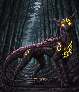 all_fours ambiguous_gender black_body branch claws dewclaw feral forest forest_background forest_path glowing glowing_eyes glowing_markings leaf leaves_on_body light looking_at_viewer markings moonlight mouthless nature nature_background night noseless plant solo tail tree tree_root vines yellow_eyes yellow_markings lolingtons77 scp_foundation scp-860-2 elemental_creature flora_fauna mammal monster hi_res