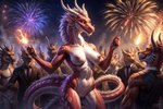 anthro autumndragon breasts crowd dancing dragon eastern_dragon female fireworks genitals group night nipples non-mammal_breasts non-mammal_nipples party pussy red_body red_scales scales scalie