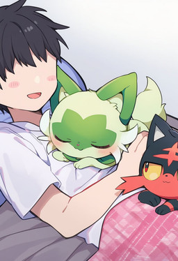 ambiguous_gender bed bedding black_body black_fur black_hair blanket blush blush_lines clothing eyeless eyes_closed feral fur furniture green_body green_fur group hair head_on_pillow looking_at_another lying male multicolored_body on_back on_bed on_front open_mouth paws pillow red_body red_eyes red_fur shirt simple_background size_difference t-shirt tail tongue topwear trio two_tone_body under_blanket yellow_sclera kaigamiaikemono nintendo pokemon felid feline generation_7_pokemon generation_9_pokemon human litten mammal pokemon_(species) sprigatito 2025 hi_res