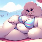 anthro beach belly big_belly big_breasts bikini bikini_bottom bikini_top black_nose blackgum blush breasts canid canine canis clothing domestic_dog female fluffy fur makeup mammal navel overweight poodle seaside solo swimwear thick_thighs tongue tongue_out towel umbrella white_body white_fur