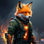 abstract_background anthro bag black_nose clothing fire fur inner_ear_fluff male military_uniform multicolored_body multicolored_fur orange_body orange_eyes orange_fur solo symbol tailless tuft two_tone_body two_tone_fur uniform white_body white_fur wolfine canid canine canis fox mammal watermark