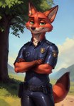 anthro belt clothing cloudscape crossed_arms latex_clothing looking_at_viewer male mountain_range outside plant police_uniform sky smile solo tree uniform zootopia hank94_(director) nick_wilde canid canine fox mammal hi_res