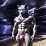 abs anthro bara beach biceps body_hair bulge clothing fur glowing glowing_eyes happy_trail heterochromia jewelry lightning male muscular muscular_anthro muscular_male neck_tuft necklace pecs psychedelic sand seaside solo solo_focus storm_clouds thong tie_dye tuft underwear white_body white_fur kludgecopter_(director) canid canine canis mammal wolf animated hi_res webm