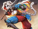anthro blue_eyes female fur hair medieval_clothing melee_weapon multicolored_hair rainbow_hair running solo sword weapon weapon_on_shoulder white_body white_fur white_hair djar17 felid mammal pantherine snow_leopard
