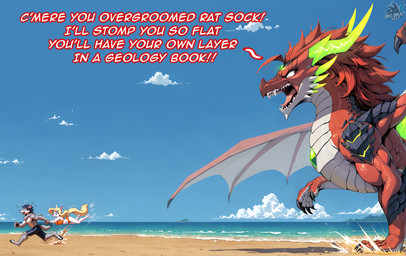 anthro beach claws clothing cloud day dialogue female feral fur green_eyes group hair horn logo male markings married_couple membrane_(anatomy) membrane_anatomy membranous_wings muscular muscular_anthro muscular_male mythology open_mouth orange_body outside red_body red_scales running sand scales sea seaside sharp_teeth sky tail teeth text tongue trio water white_body white_fur wings thebigbradwulf brad_wulf_(thebigbradwulf) emberlynn_(thebigbradwulf) minerva_mink canid canine canis domestic_dog dragon humanoid mammal mink mustelid musteline mythological_creature mythological_scalie scalie true_musteline western_dragon wolf artist_logo english_text hi_res