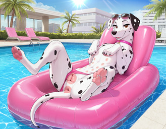 anatomically_correct anatomically_correct_genitalia anatomically_correct_pussy animal_genitalia animal_pussy anus black_body black_fur black_nose black_spots bottomwear brown_eyes building butt canine_genitalia canine_pussy claws clothing clothing_aside cloud collar cute_fangs detailed_background digitigrade eyelashes eyewear eyewear_on_head female feral fur genitals light light_beam looking_at_viewer lying markings multi_nipple multicolored_body multicolored_fur nipples on_back open_mouth outside palm_tree panties panties_aside pawpads paws pink_anus pink_clothing pink_nipples pink_panties pink_pawpads pink_pussy pink_underwear plant pool pool_float presenting presenting_pussy pussy quadruped sky smile snout solo spots spotted_body spotted_fur spread_legs spreading summer sun sunbeam sunglasses sunglasses_on_head sunlight swimwear swimwear_aside tail tail_anus tail_markings tree underwear underwear_aside water white_body white_fur window zerphy canid canine canis dalmatian domestic_dog mammal 2025 alternate_version_at_source hi_res